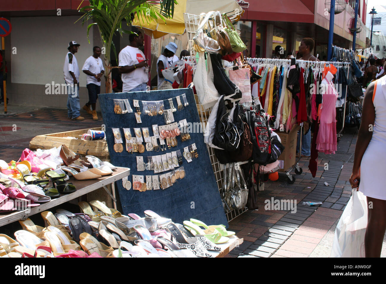 Market stalls in Bridgetown back streets. Barbados, West Indies Stock Photo