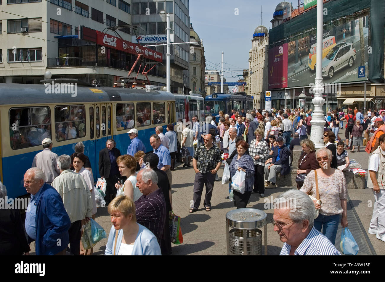 Busy hours at tram station in Ban Jalacic Square, Zagreb Croatia. Stock Photo