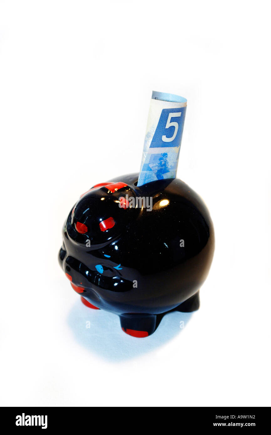 Black Piggy Bank pig with a Canadian Five dollar bank note pushed into