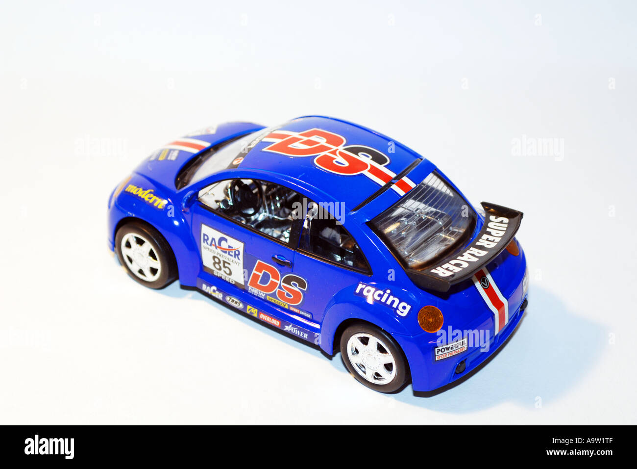 Blue Volkswagon Beetle toy car against a white background Stock
