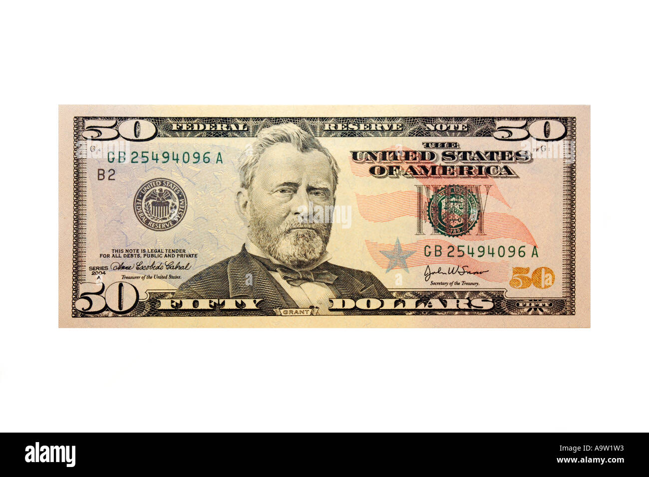 The front of an American 50 Dollar bill showing General Grant Stock Photo