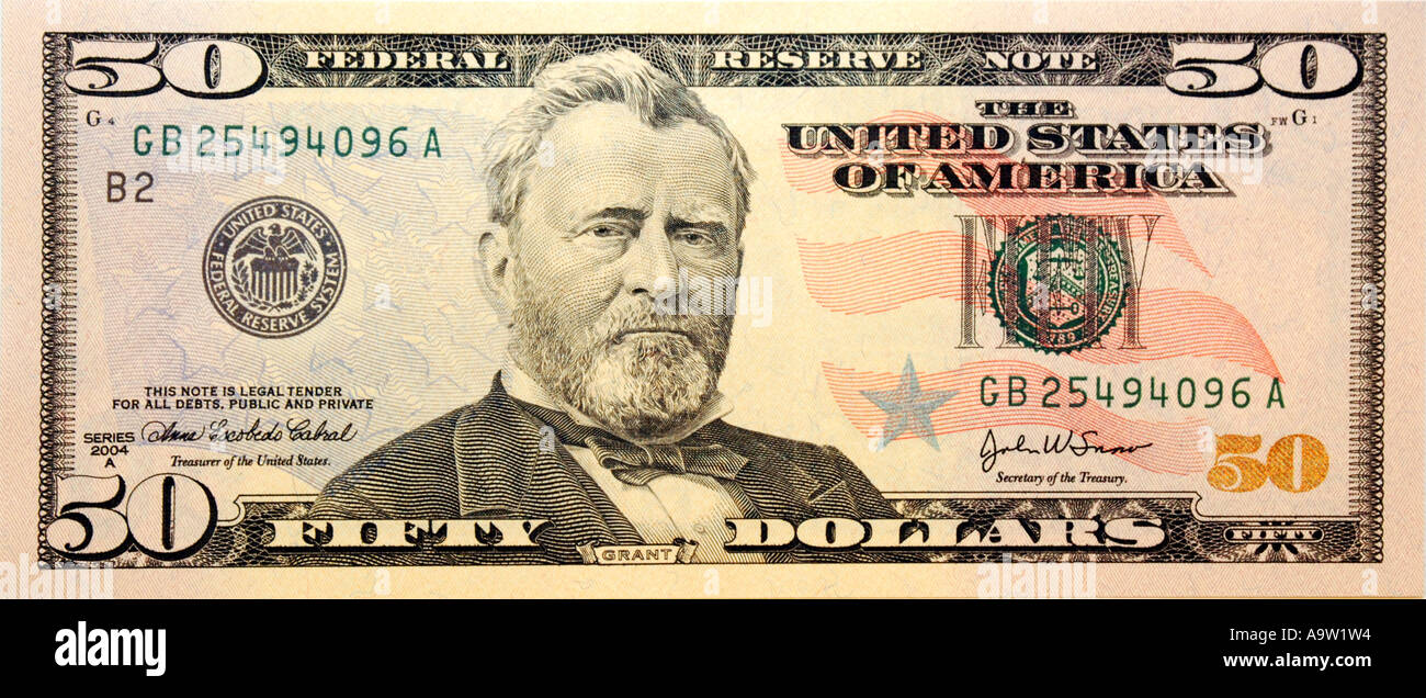 The front of an American 50 Dollar bill showing General Grant Stock Photo