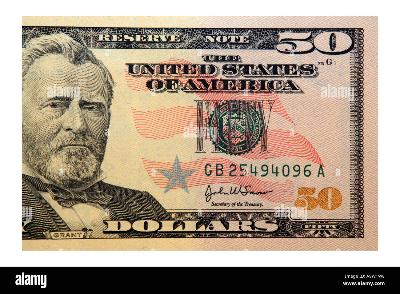 The front of an American 50 Dollar bill with the image of General Grant Stock Photo