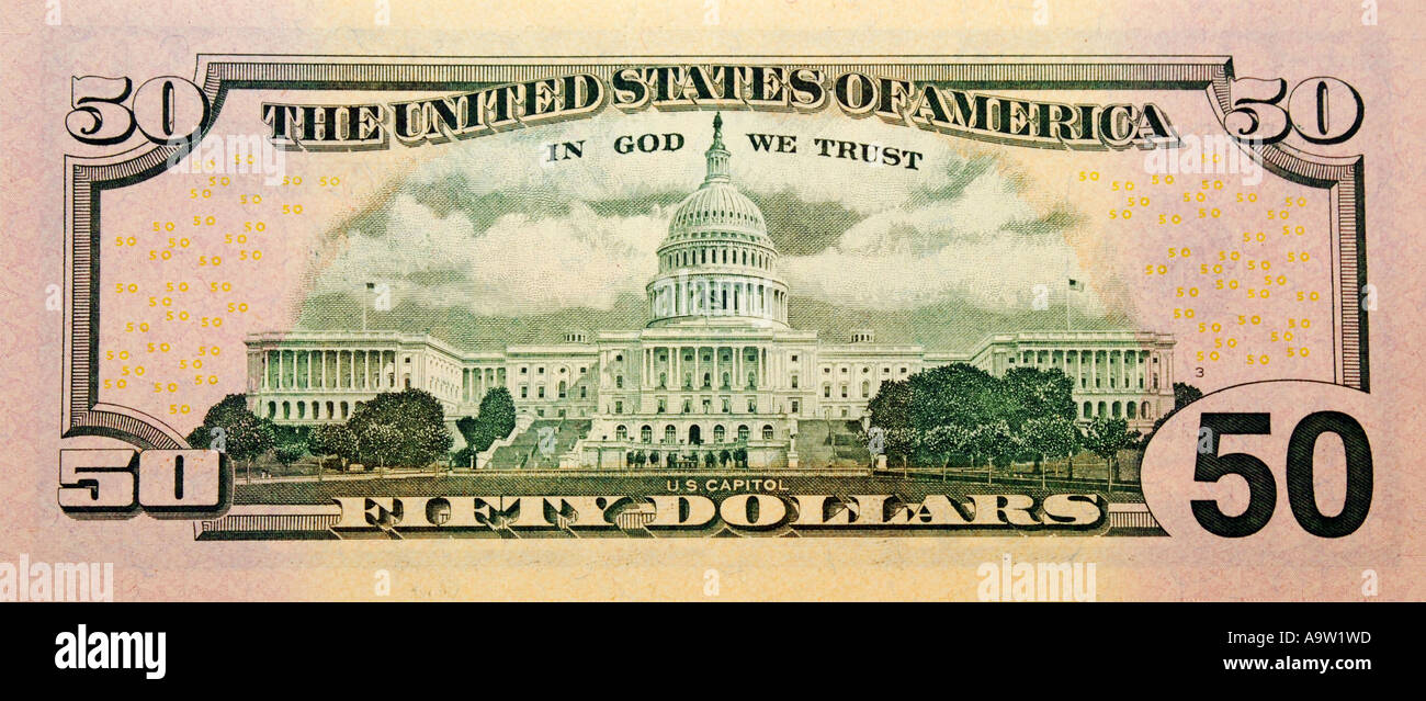 Capitol building on the back of an American 50 Dollar bill Stock Photo