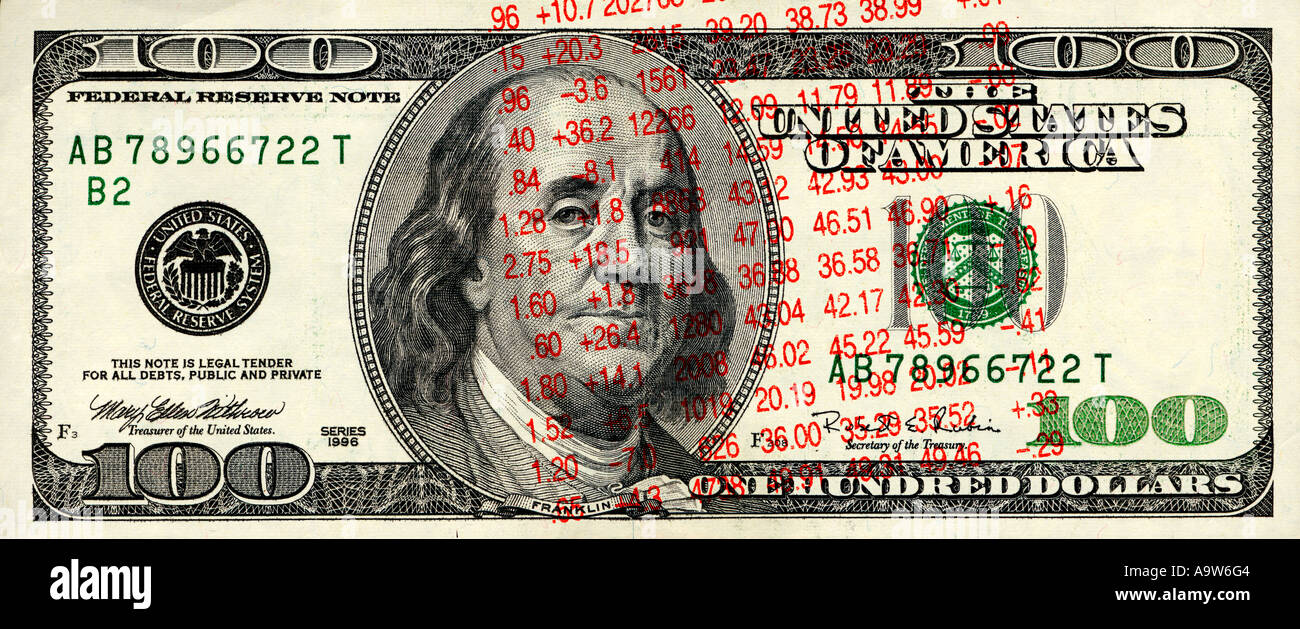 Closeup $100 dollar bill numbers overlay Stock Photo