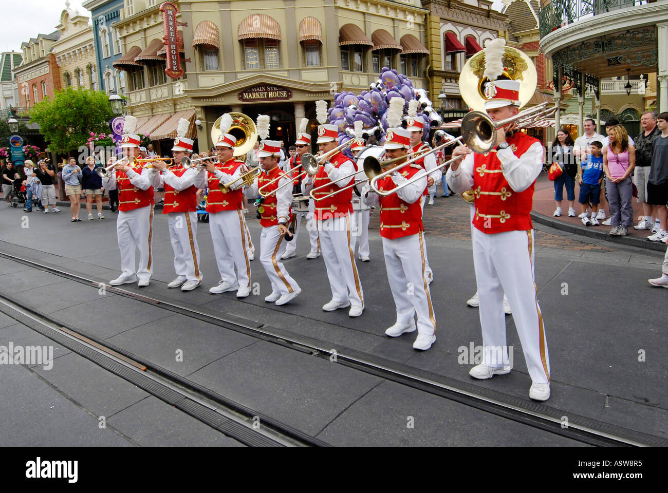 Musical band on main street at Magic Kingdom at Walt Disney World Orlando Florida FL Stock Photo