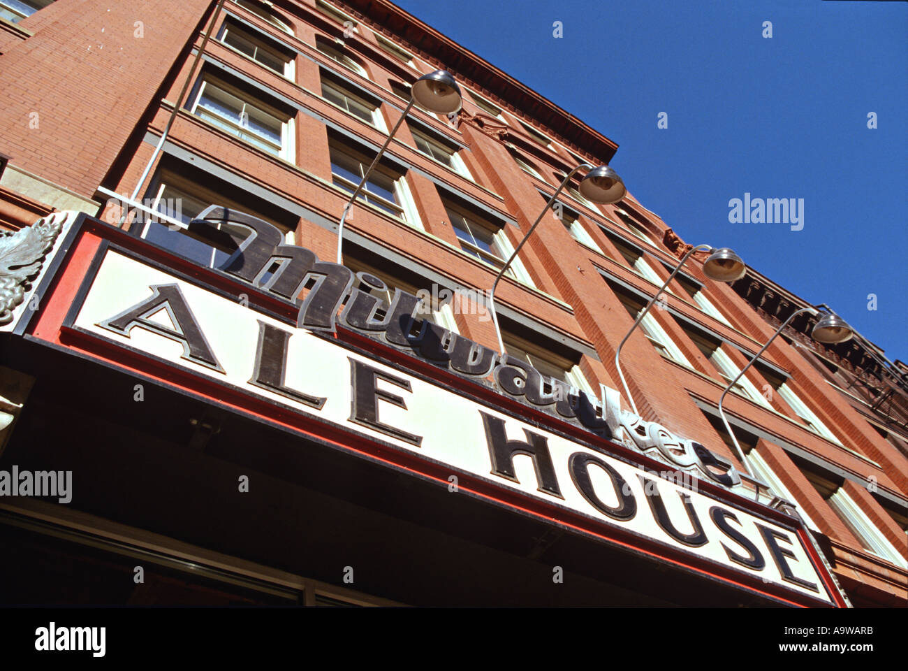 WISCONSIN Milwaukee Historic Third Ward Milwaukee Ale House sign viewed from below Stock Photo