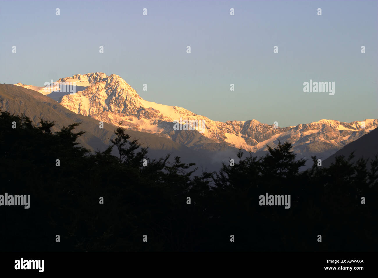 NEW ZEALAND Arthurs Pass Snow capped Mount Rolleston in early morning Southern Alps Stock Photo