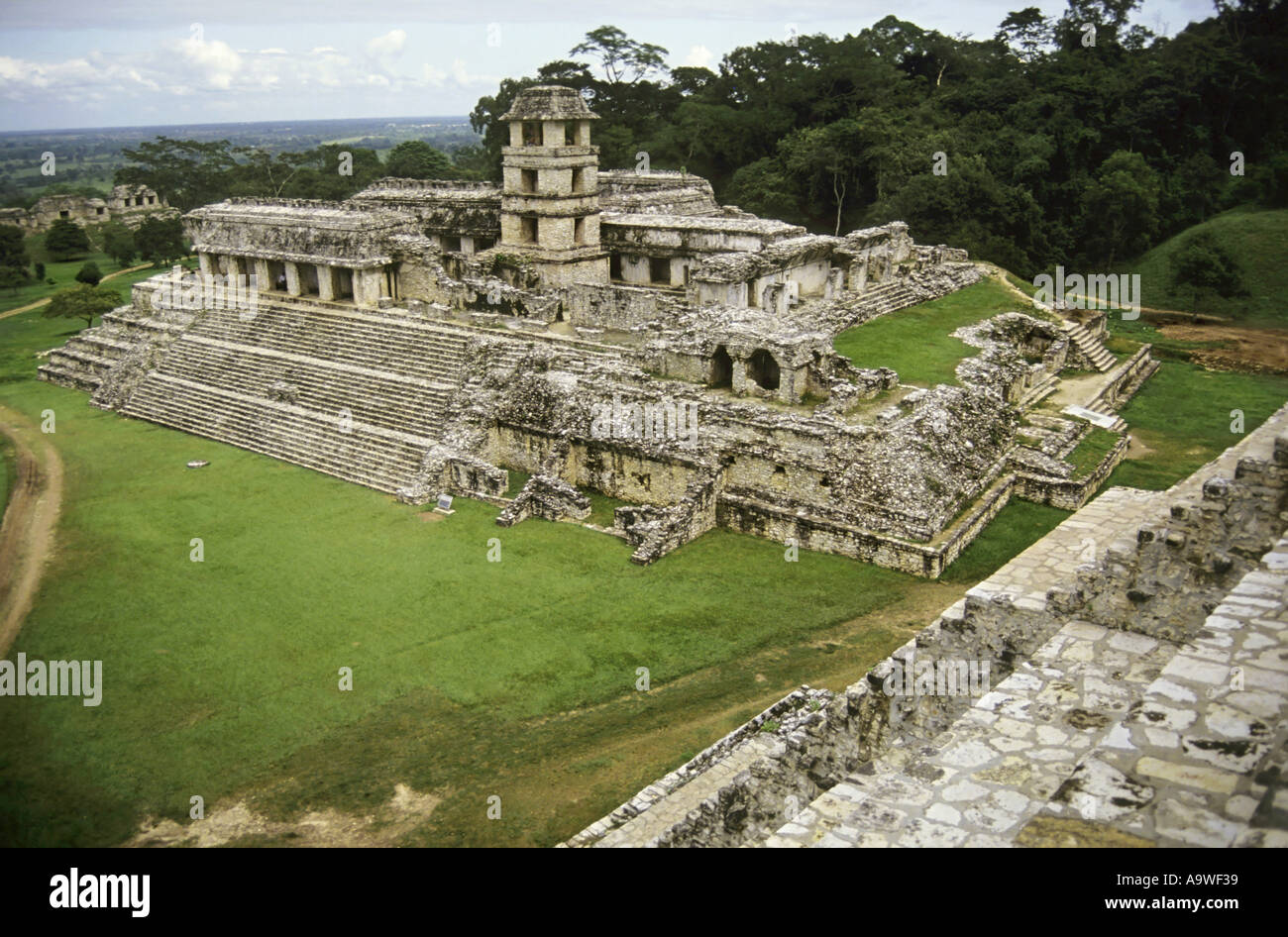 Palenque - The Palace From The Temple Of Inscriptions, Chiapas State, Mexico Stock Photo