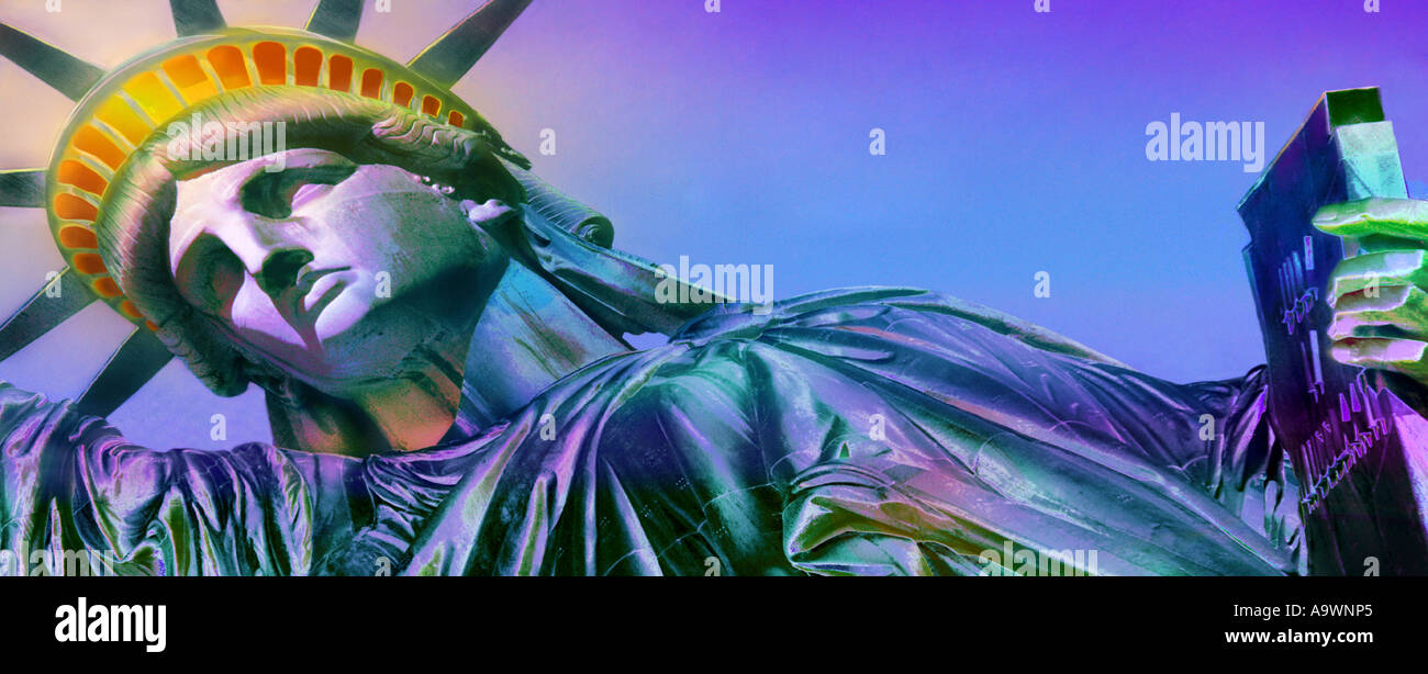 Statue of Liberty close up glowing crown face and tablet in New York City.  Lower Manhattan, Liberty Island, USA. UNESCO world heritage site Stock Photo
