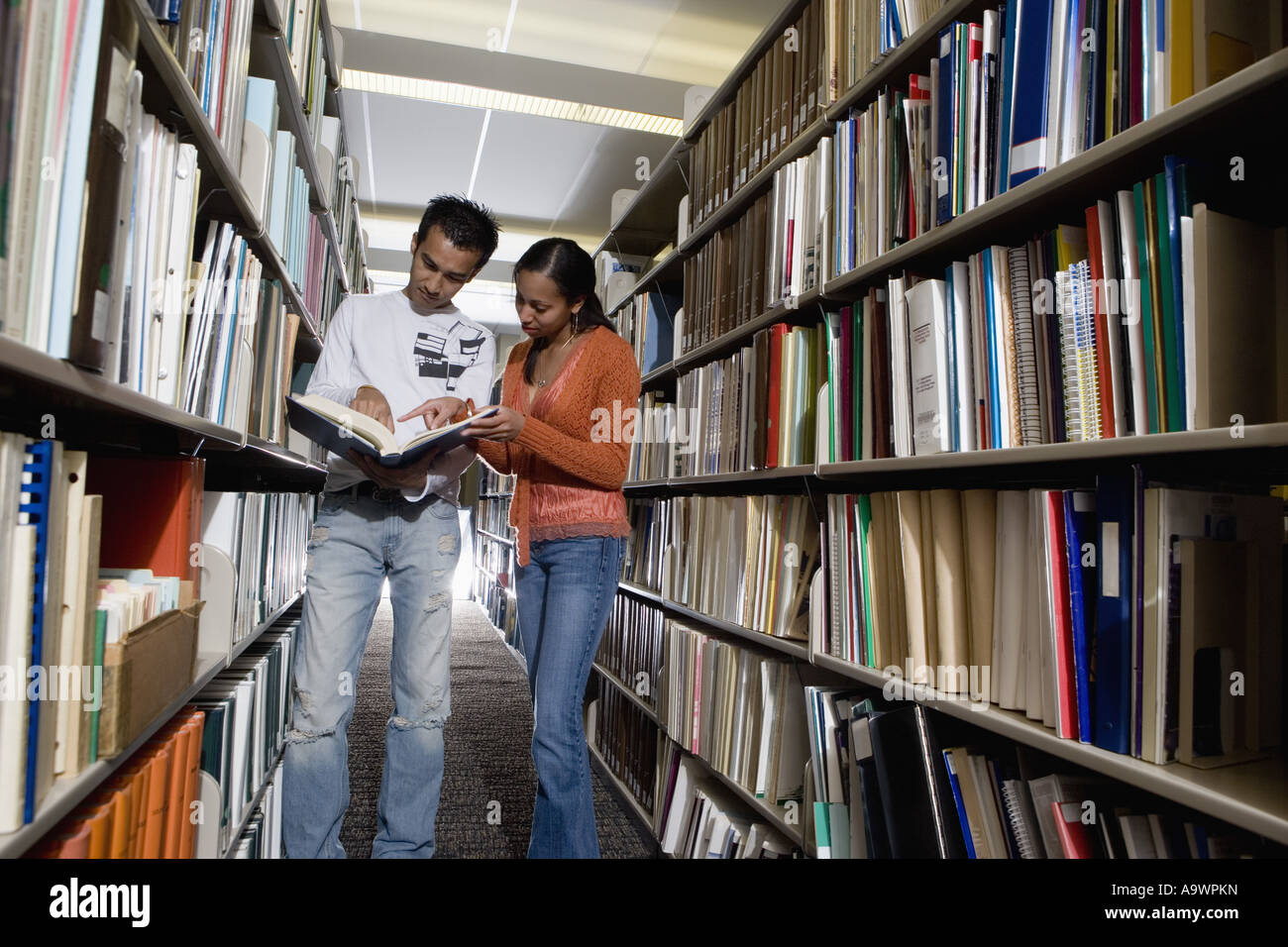 Students in the library looking through book stacks Stock Photo - Alamy
