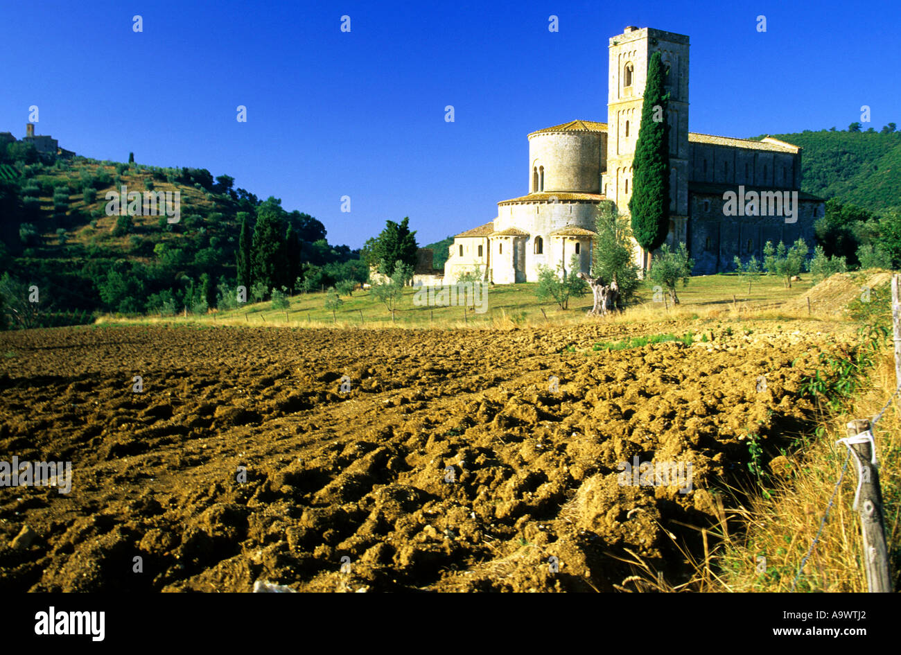 Italy, Tuscany, Saint Antimo Basilique Castiglione val Orcia Tuscany, low angle view Stock Photo