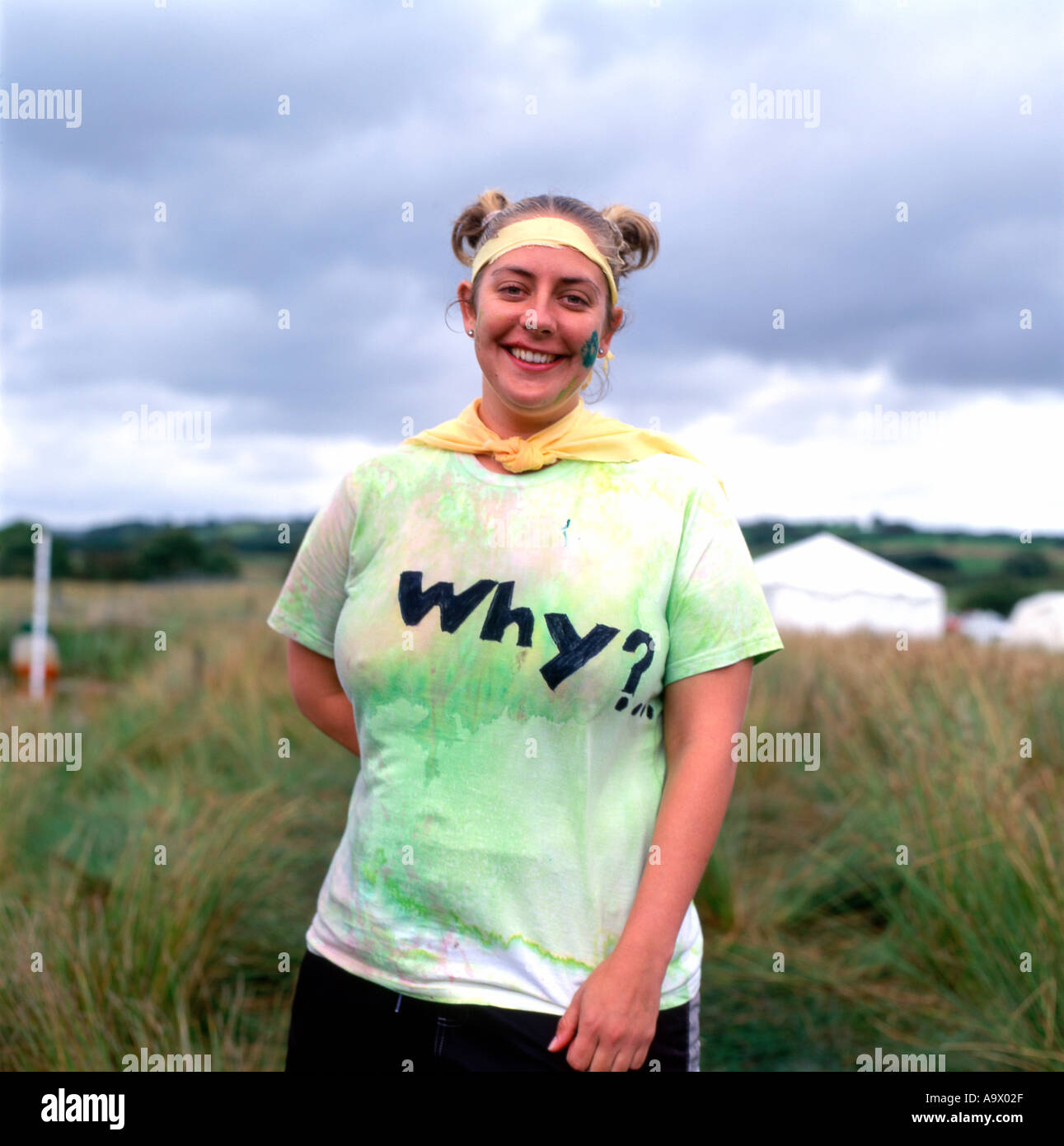 A woman wearing a Why?  tshirt at the World Bog Snorkelling competititon Llanwrtyd Wells Powys Wales Stock Photo