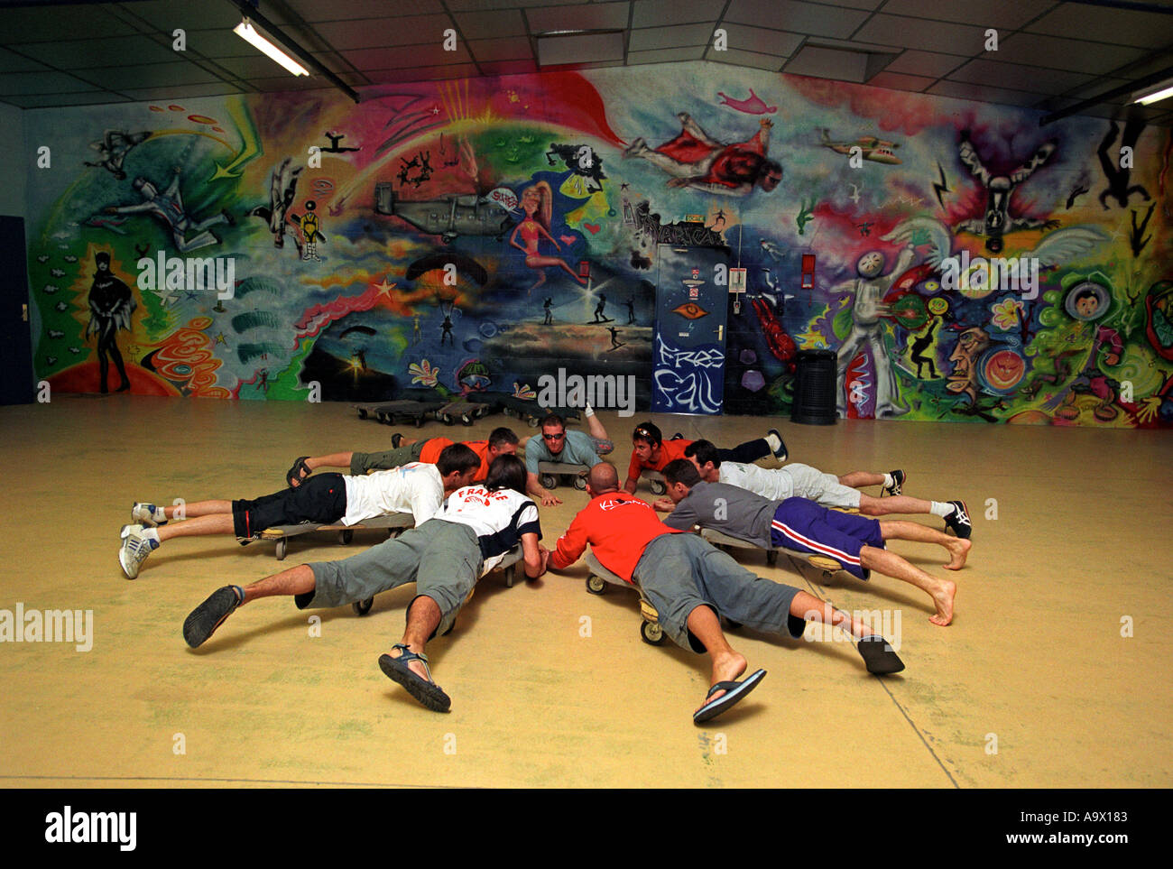 French Professional Skydive team training at the European Skydive Centre in the Auvergne region of France Stock Photo