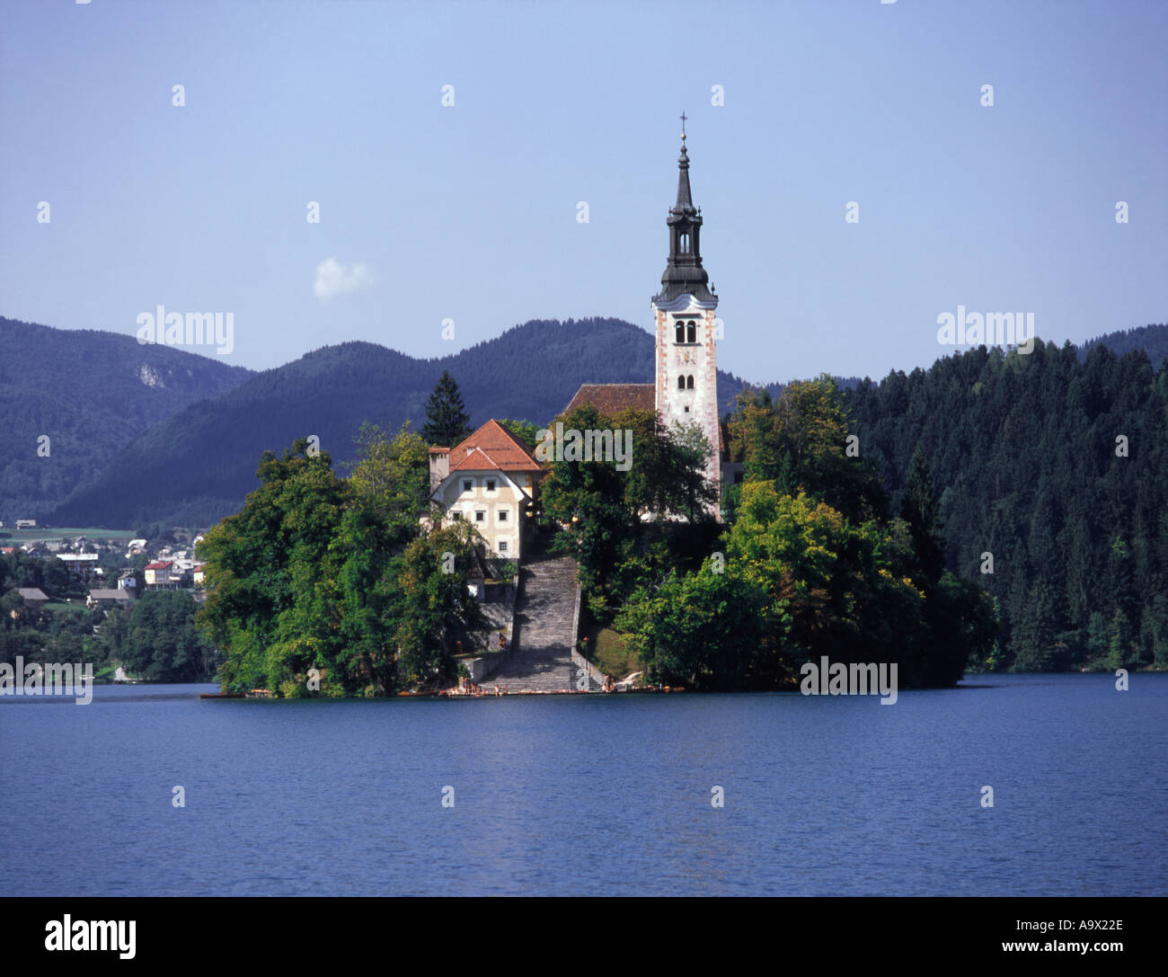 Slovenia, Gorenjska, Bled. Church of the Assumption (17thC) on Island in Lake Bled Stock Photo