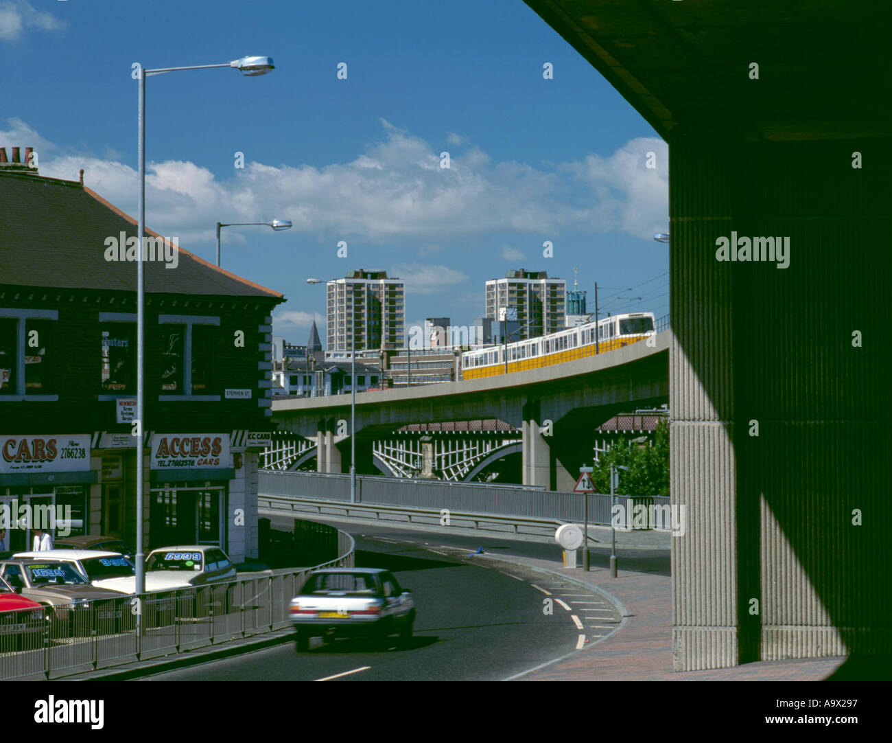 Tyneside Metro tram on the Byker Viaduct, Byker, Newcastle upon Tyne