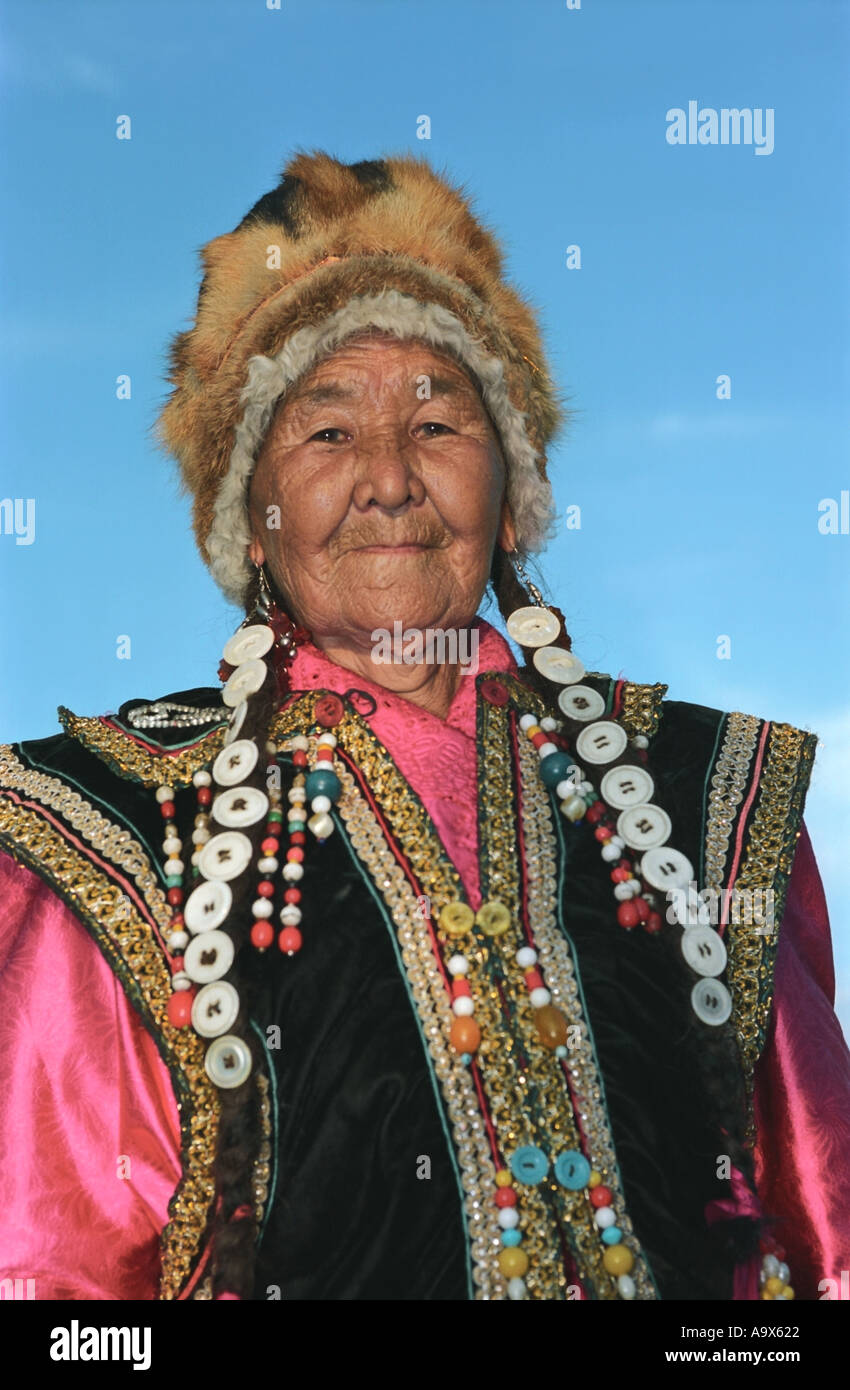 Portrait of an old woman in Altaic costume National Altaian cultural ...