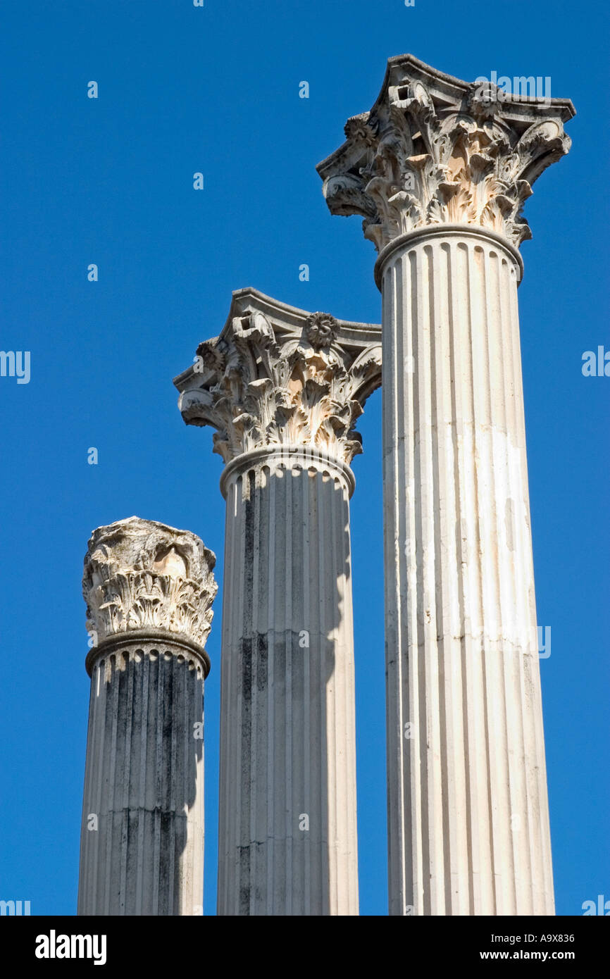 Cordoba Spain Three Corinthian columns of Roman temple Stock Photo