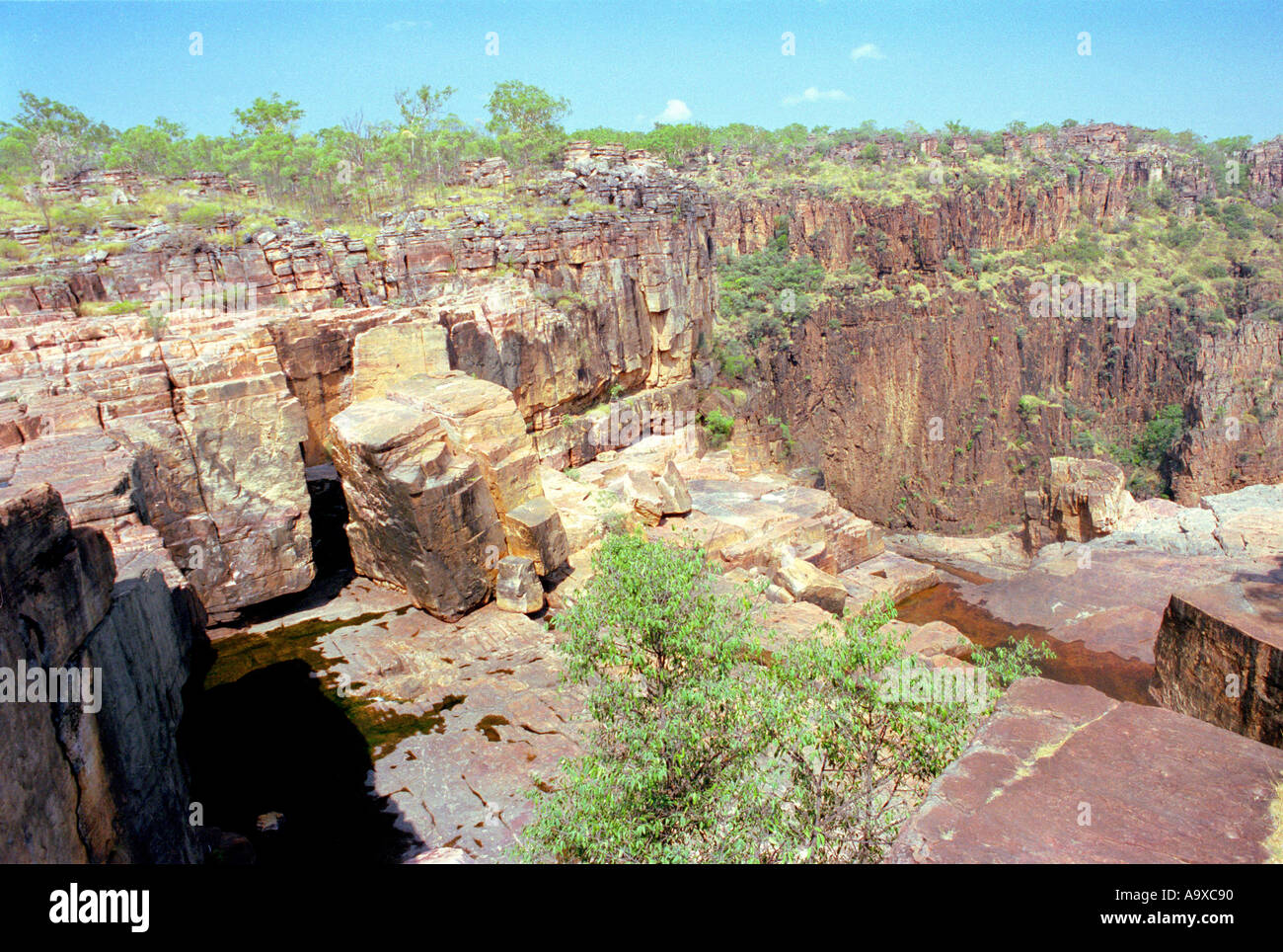 View of the red rocks above the Twin Falls waterfalls in Kakadu ...