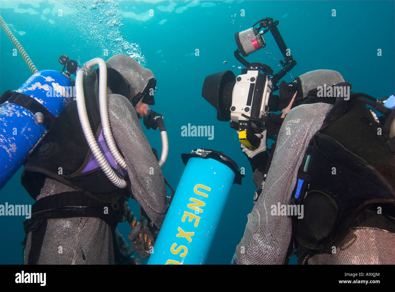 Closeup two scuba divers underwater in chain mail shark suits Grand