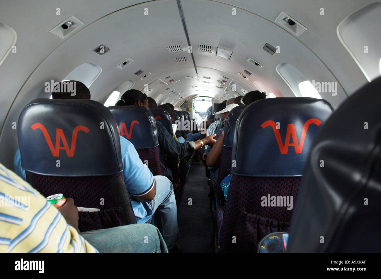 Inside cabin of Bahamas Western Air inter island Metro III 19 seater twin engine turboprop aircraft Stock Photo