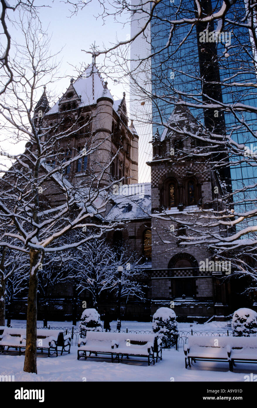Trinity Church - A Snow Scene - Copley Plaza - Boston Mass USA Stock Photo