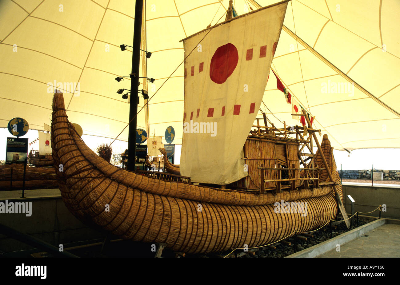 Thor Heyerdahl papyrus boat Guimar Pyramid Museum Tenerife Stock Photo