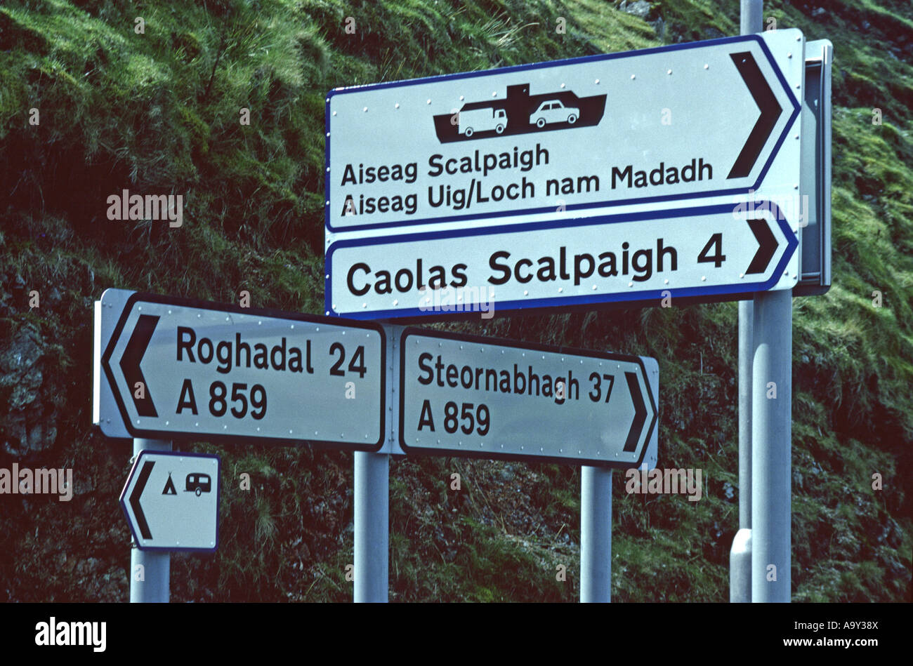 Road signs in Gaelic. Tarbert, Harris, Outer Hebrides, Scotland, U.K