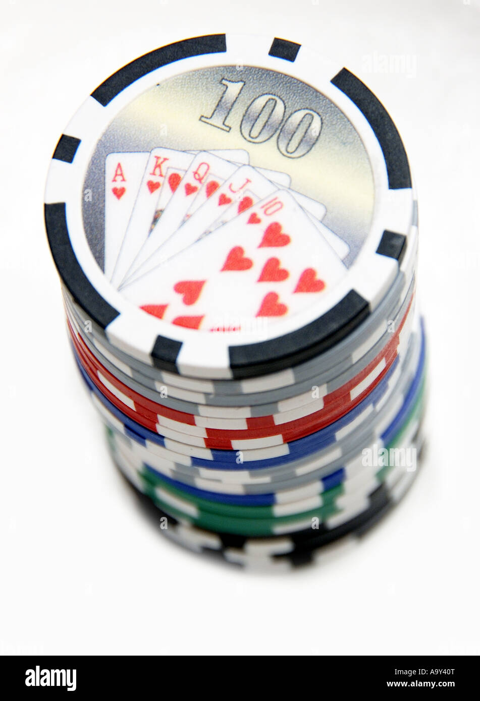 Colorful poker chips stacked on top of one another Stock Photo