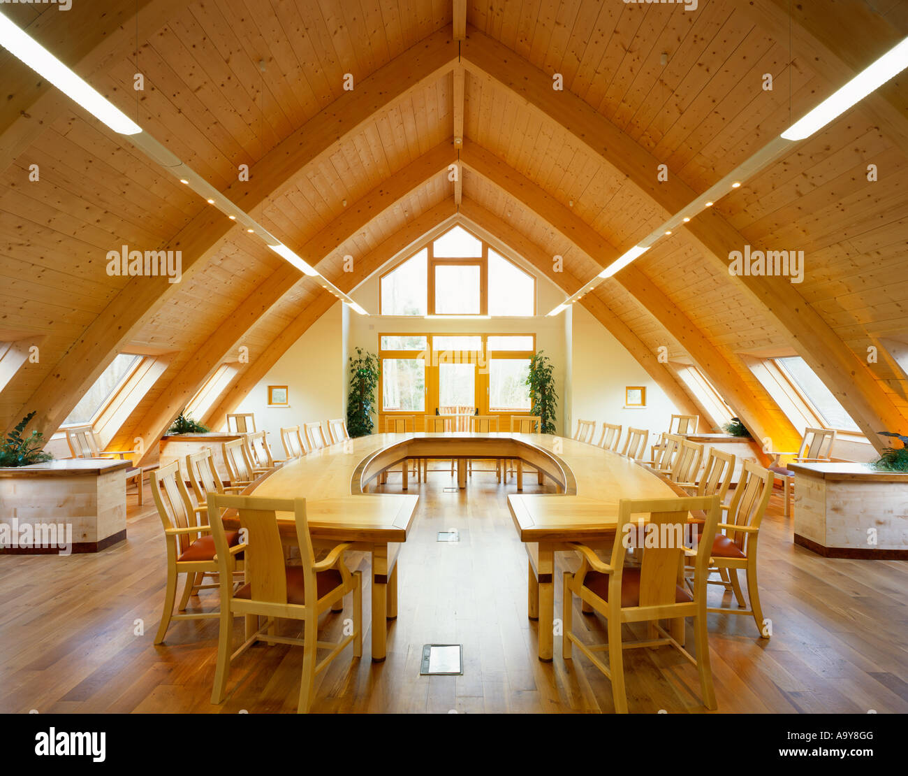 Office Boardroom With Gothic Ceiling With Wooden Beams Stock Photo