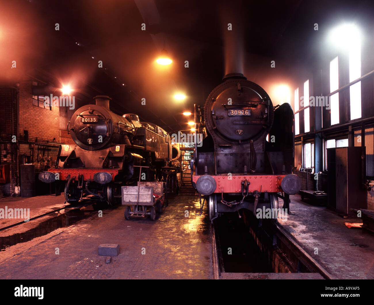 The Engine Sheds at North York Moors Steam Railway Grosmont Yorkshire England Early morning steaming up  Stock Photo