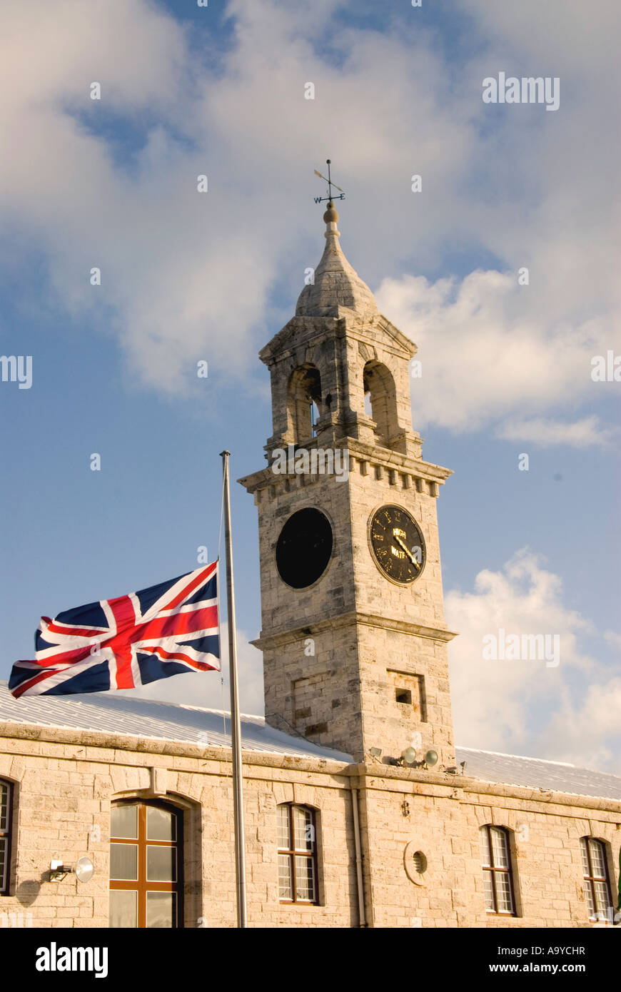 Bermuda Dockyard Clocktower Shopping Mall British flag Royal Naval Dockyard Stock Photo