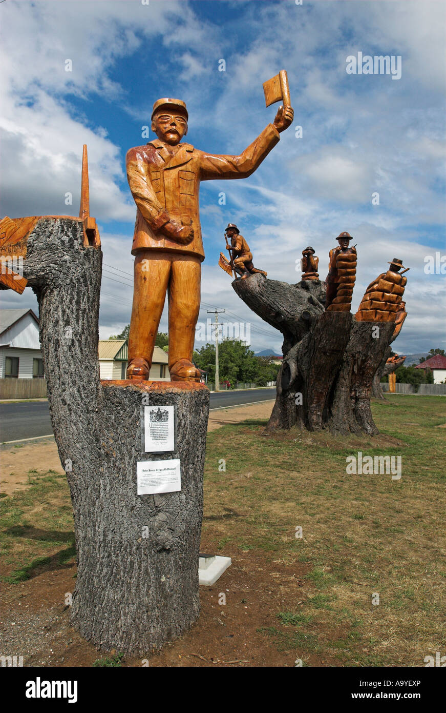 Wooden sculptures in Leggerwood, Northern Tasmania, Australia Stock