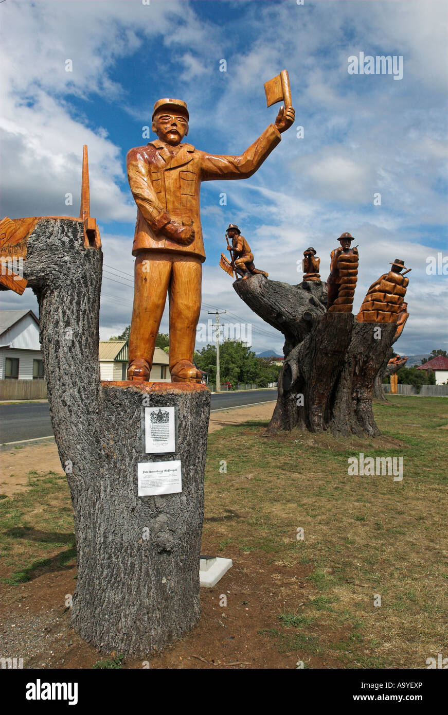 Wooden sculptures in Leggerwood, Northern Tasmania, Australia Stock Photo