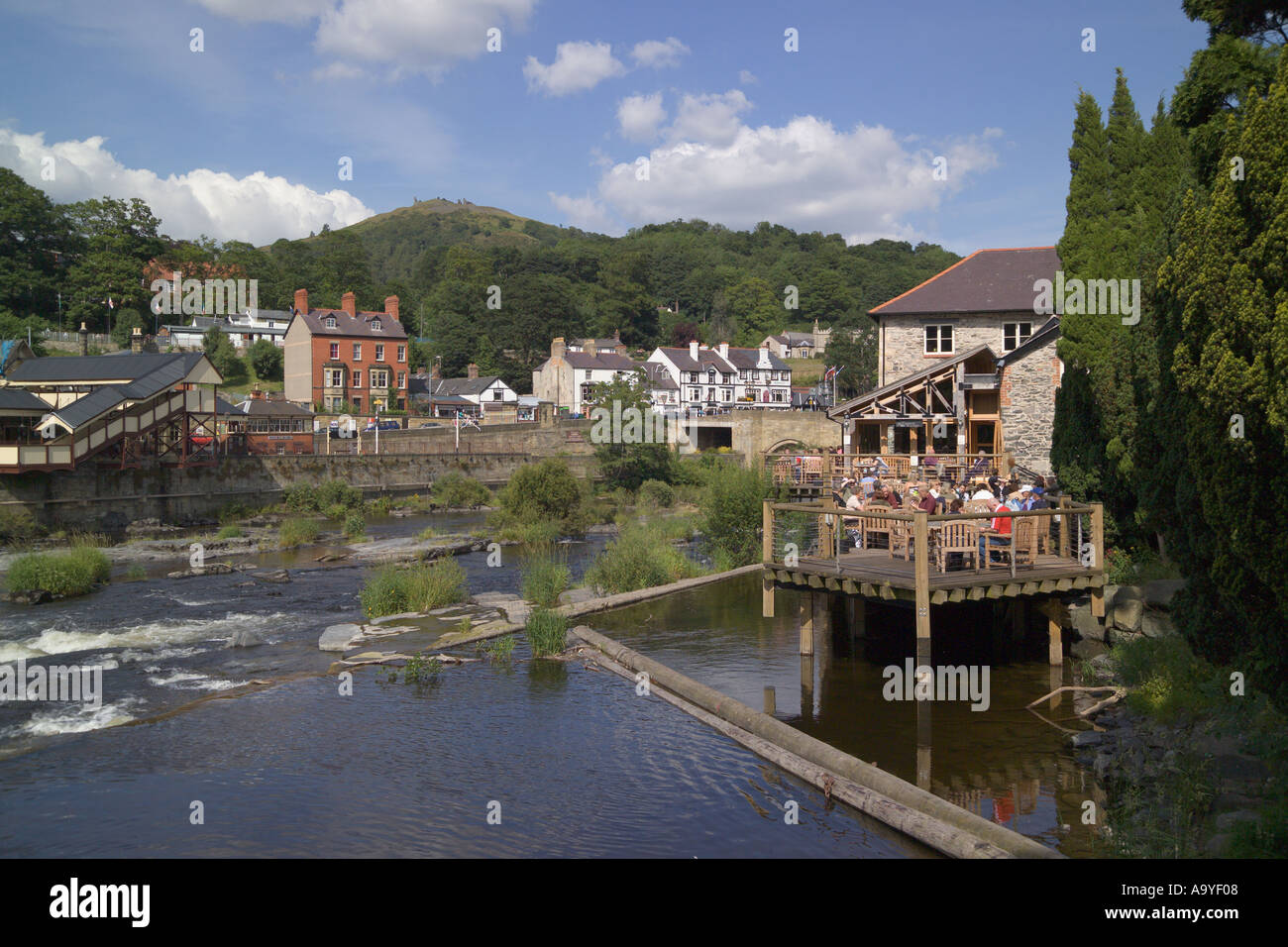 Restaurant and River Dee Llangollen Denbighshire Wales Stock Photo