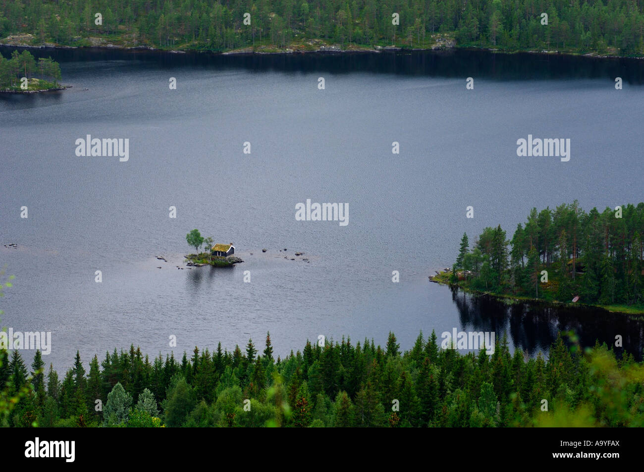 Wooden Cabin On Small Island At The Tinnsjo Lake Nododden