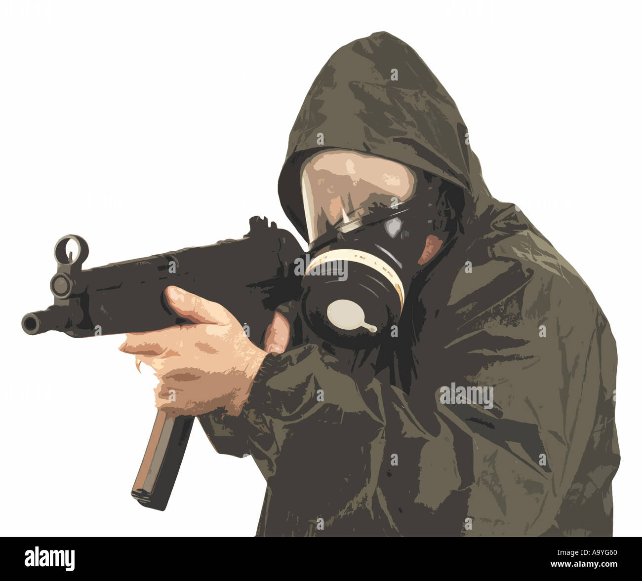 an illustration of a terrorist in a gas mask firing a heckler and koch mp5  machinepistol Stock Photo - Alamy