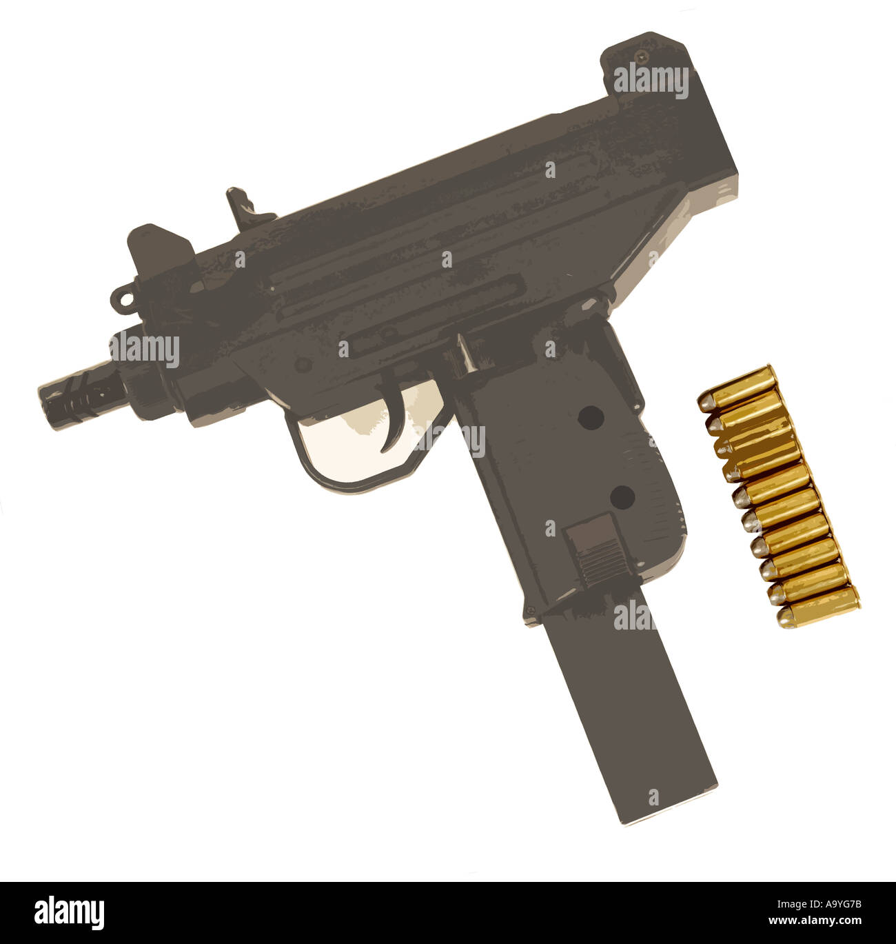 an illustration of an uzi 9mm machinepistol and bullets ammunition Stock Photo