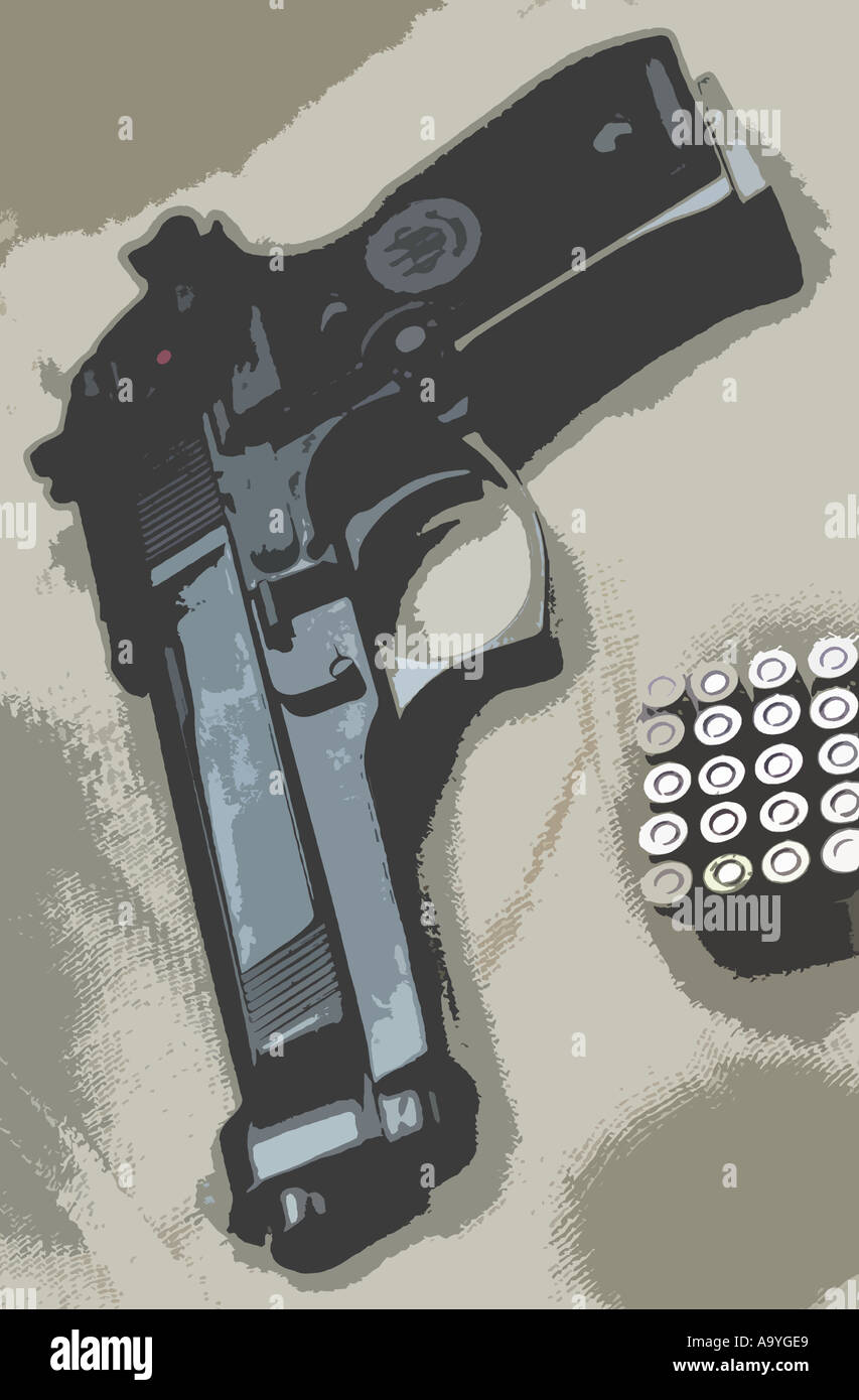 illustration of a beretta gun pistol with bullets ammunition Stock Photo