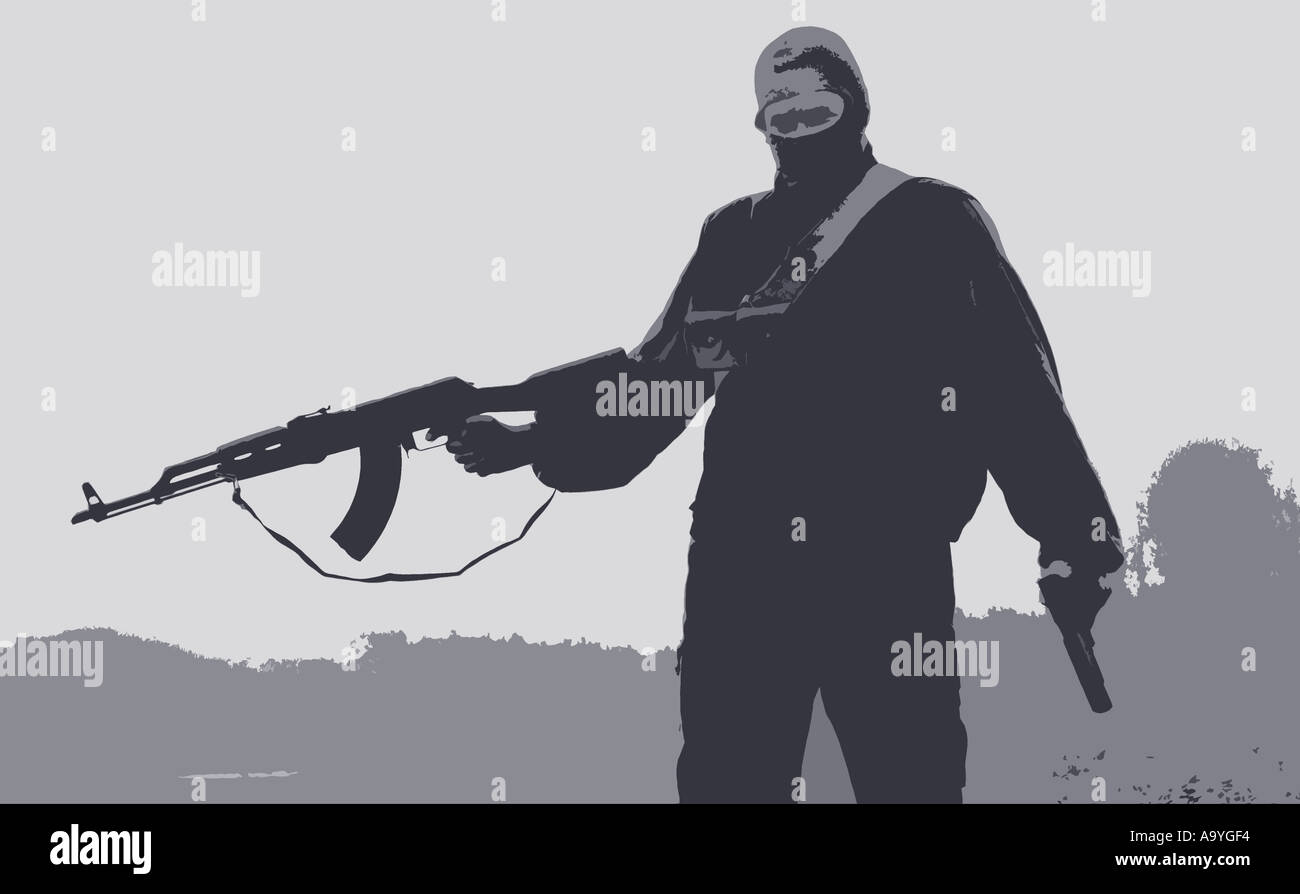 illustration of a man holding a kalashnikov ak47 assault rifle and a pistol dressed as a terrorist Stock Photo