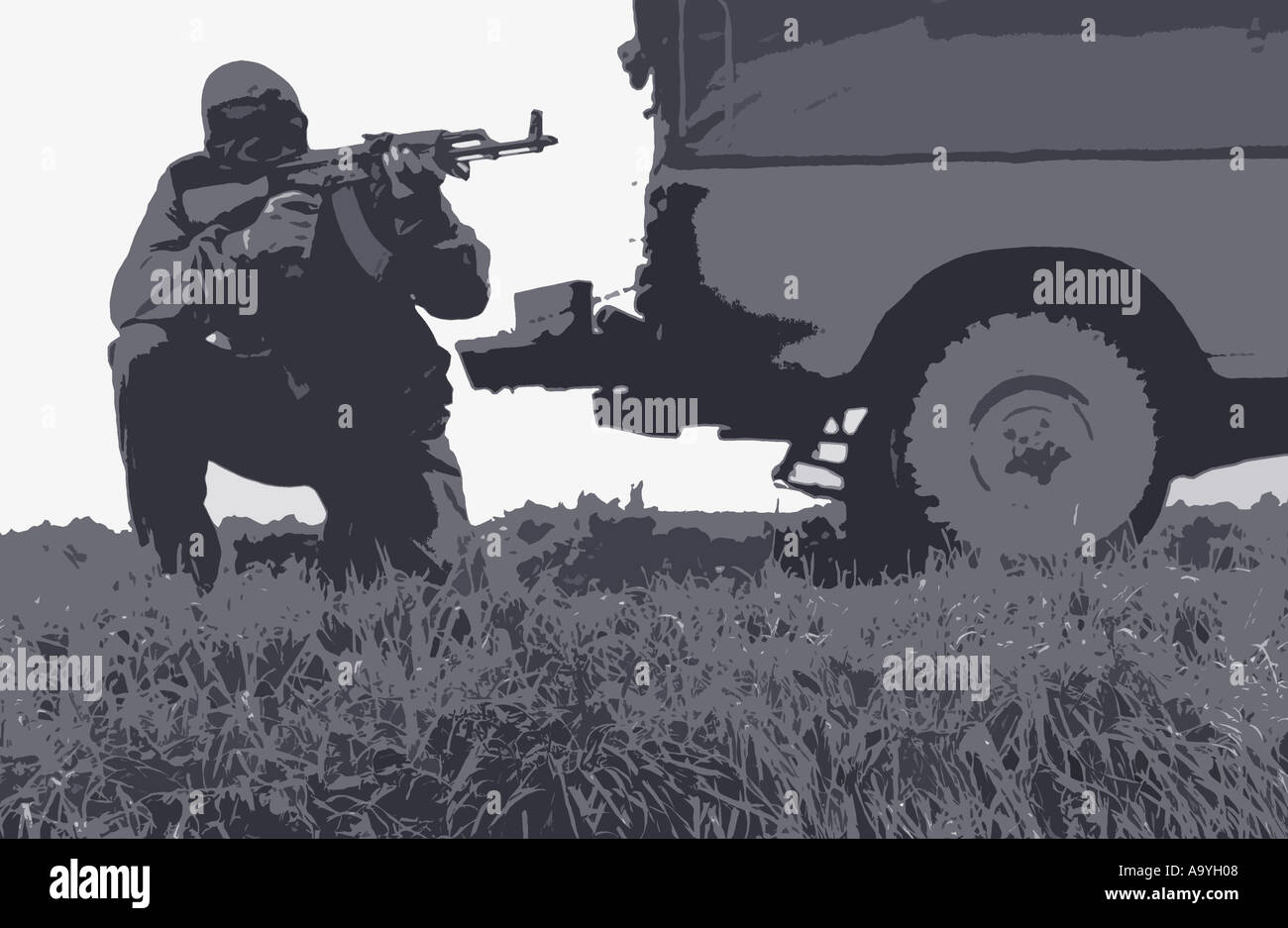 illustration of a man firing a kalashnikov ak47 assault rifle dressed as a terrorist Stock Photo
