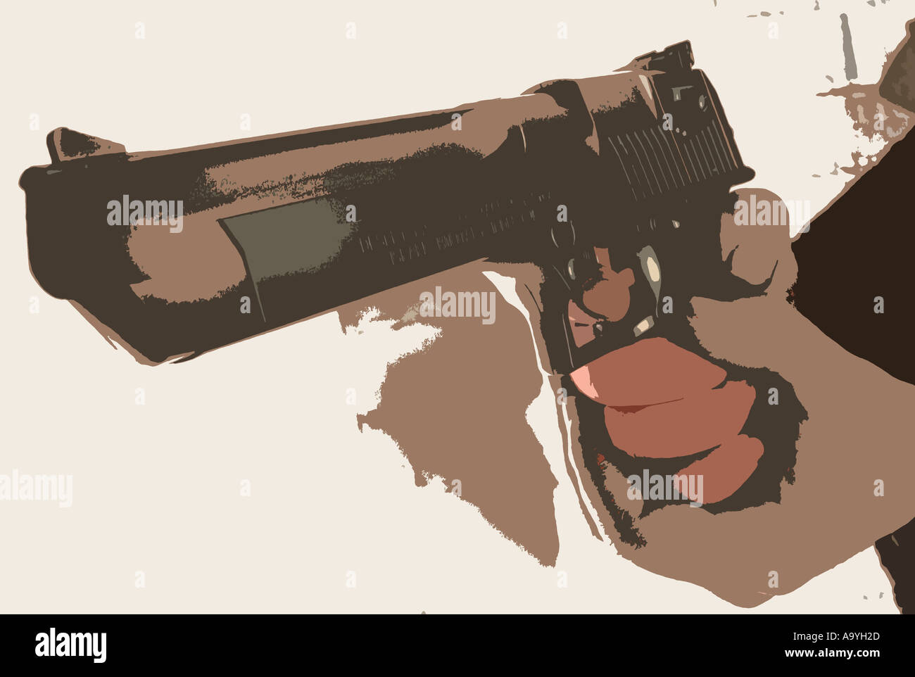 an illustration of hands holding a desert eagle gun and firing Stock Photo