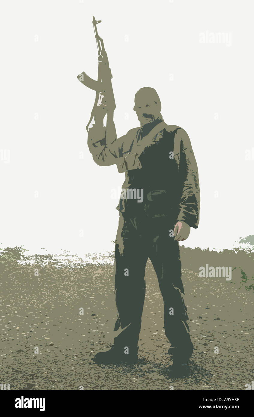 an illustration of a terrorist holding and firing an AK47 Kalashnikov assault rifle wearing a balaclava Stock Photo