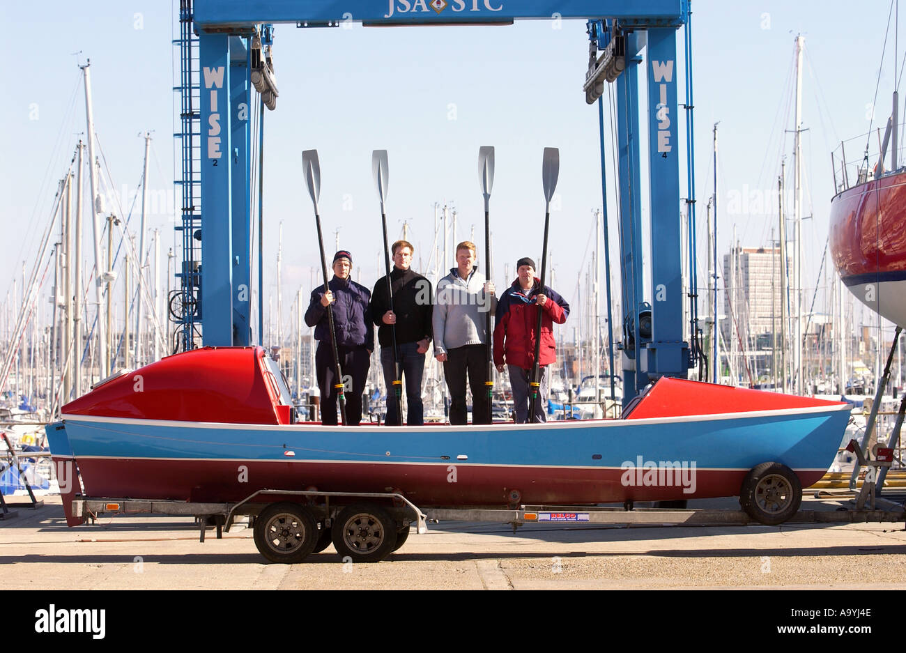 The GB Row Challenge Team from the Grenadier Guards are rowing June 2005 unsupported around Great Britain pictured on a train Stock Photo