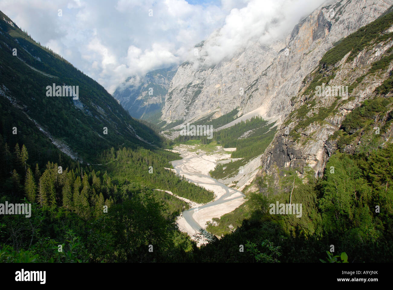 View into mountain valley Reintal with mountain creek Partnach Wettersteingebirge Bavaria Germany Stock Photo