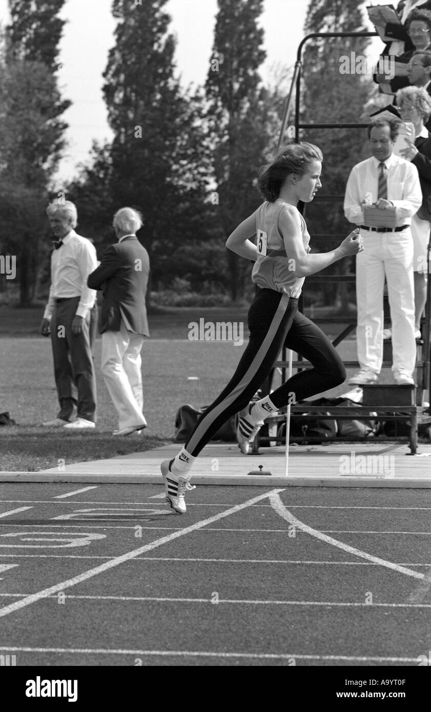 Katharine Merry winning sprint race at Edmondscote Stadium, Leamington Spa, UK 1988 Stock Photo