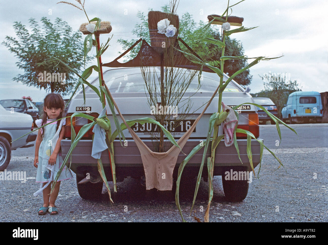 "Wedding car, girl, ^1986, Cognac, Charente, France" Stock Photo