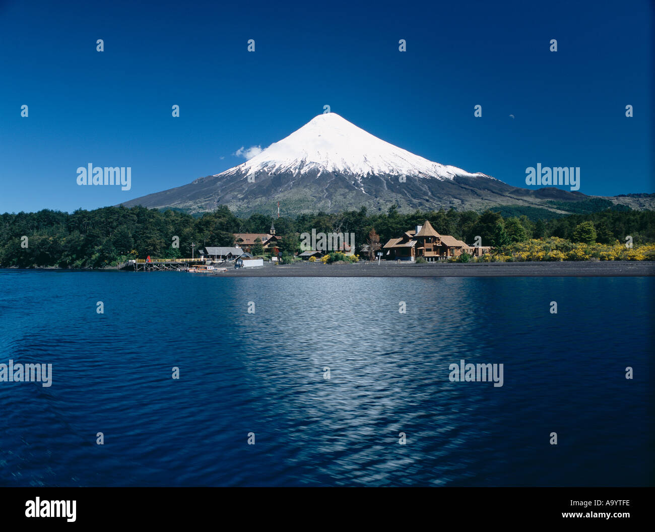 Osorno volcano seen from Lake Todos Los Santos with Petrohue in the