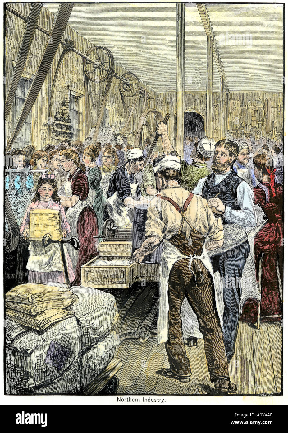Textile workers in a northern mill in the US 1800s. Hand-colored woodcut Stock Photo