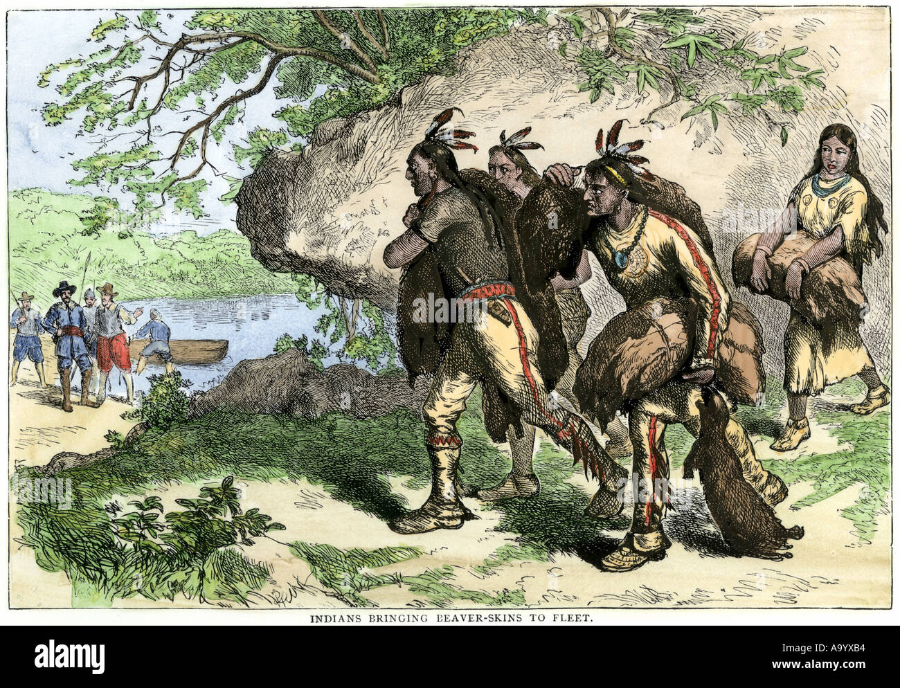 Native Americans bringing beaver pelts to white traders. Hand-colored woodcut Stock Photo